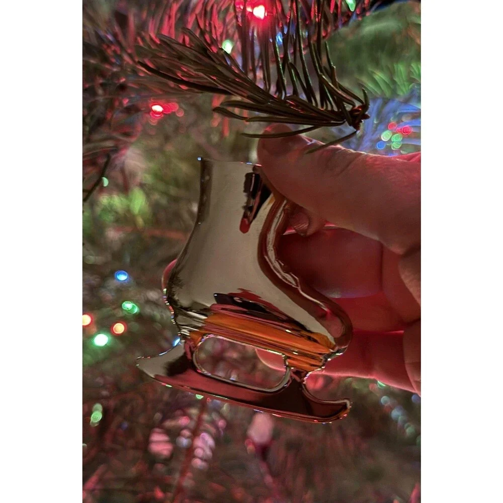 RESTORATION HARDWARE Heavy Christmas Ornament Silver Ice Skate Vintage Ribbon